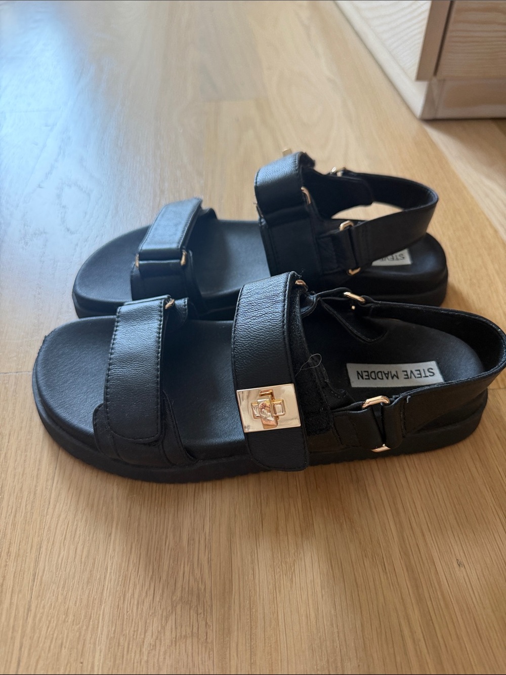 Steve Madden Black Leather Double-Strap Sandals with Gold Accents